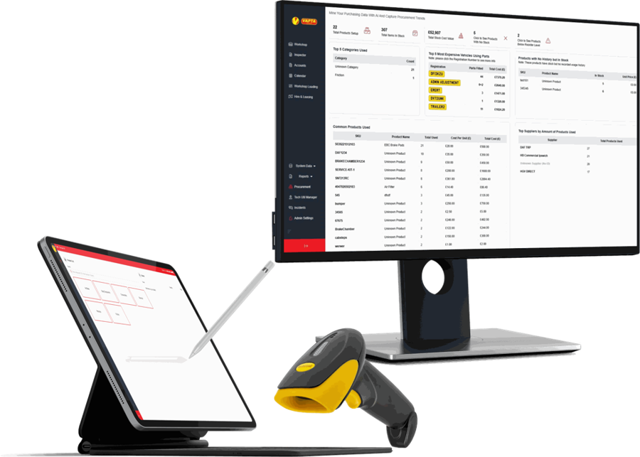 VAPTA parts and stock control on a monitor and tablet with a barcode scanner