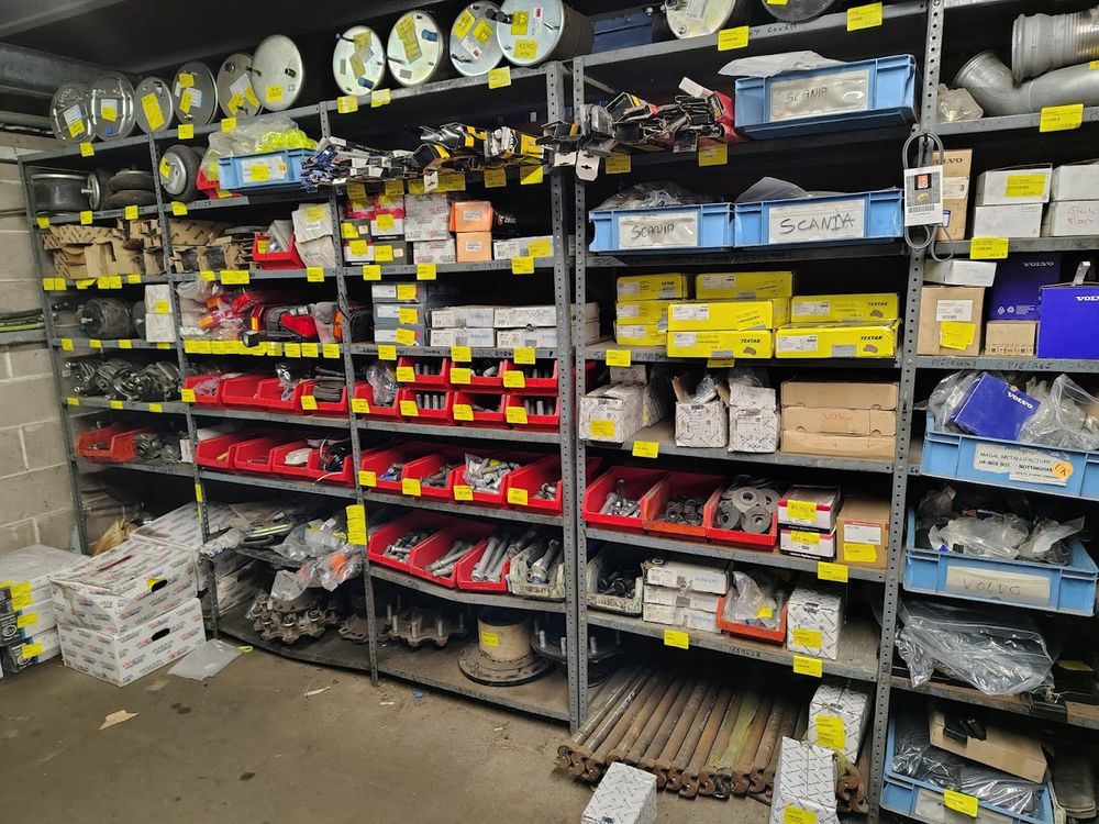 Commercial vehicle parts store with barcoded shelf labels