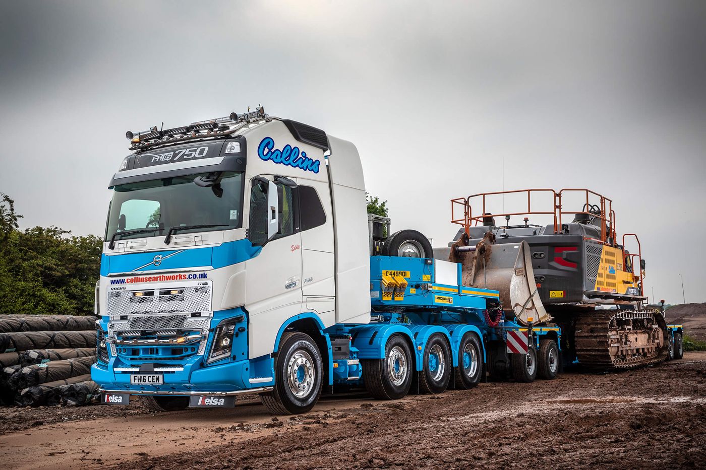 Collins Earthworks Volvo FH16 750 heavy haulage tractor unit carrying a Volvo excavator on a low loader
